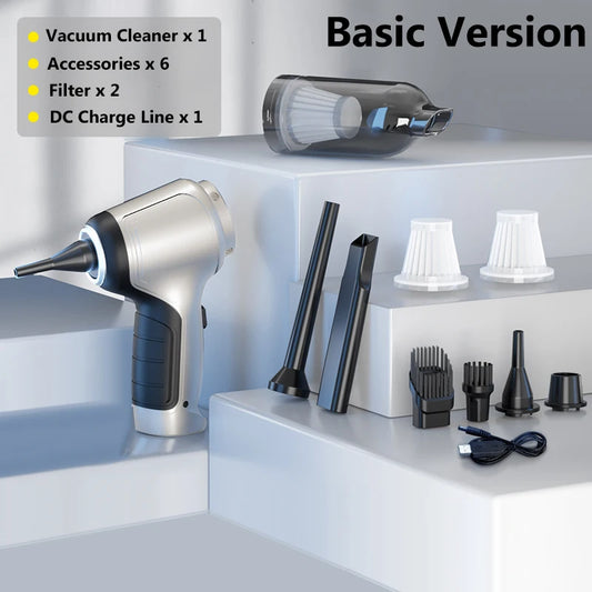 Cordless car vacuum, Standard package: vacuum, 6 attachments, 2 spare filters and USB charging cable