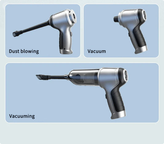 Cordless car vacuum in three modes: dust blowing, vacuum and vacuuming with the brush nozzle