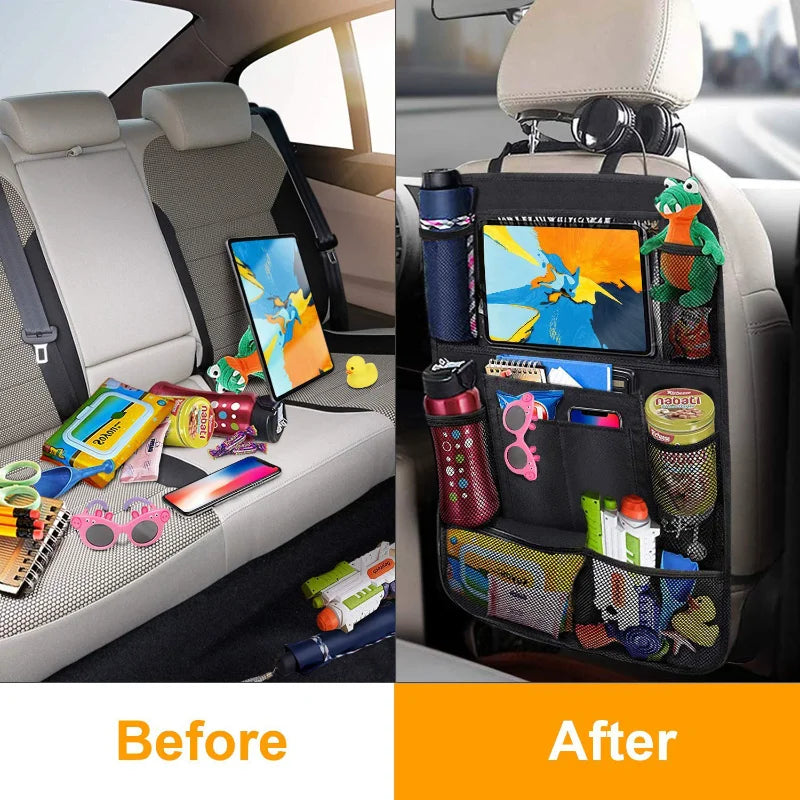 Before and after: a cluttered back seat versus an organized seat back