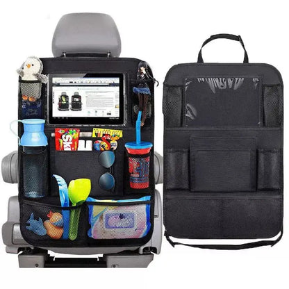 Back seat car organizer with a clear tablet sleeve and pockets, shown loaded and empty