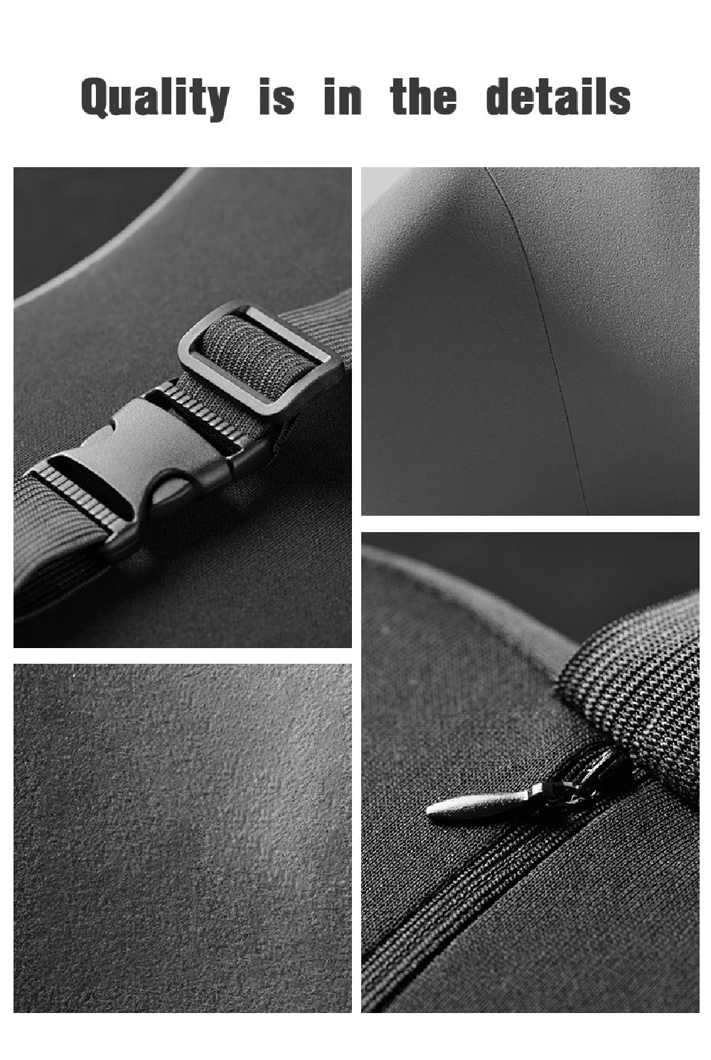 Close-up of the adjustable strap buckle, soft fabric cover and zipper