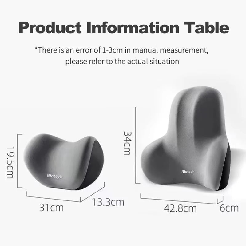 Size guide: neck pillow 31 x 19.5 x 13.3 cm, lumbar pillow 42.8 x 34 cm