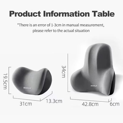 Size guide: neck pillow 31 x 19.5 x 13.3 cm, lumbar pillow 42.8 x 34 cm