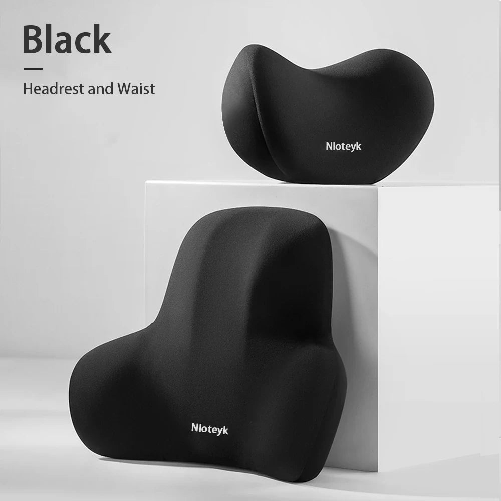 Black memory foam neck pillow and lumbar pillow set